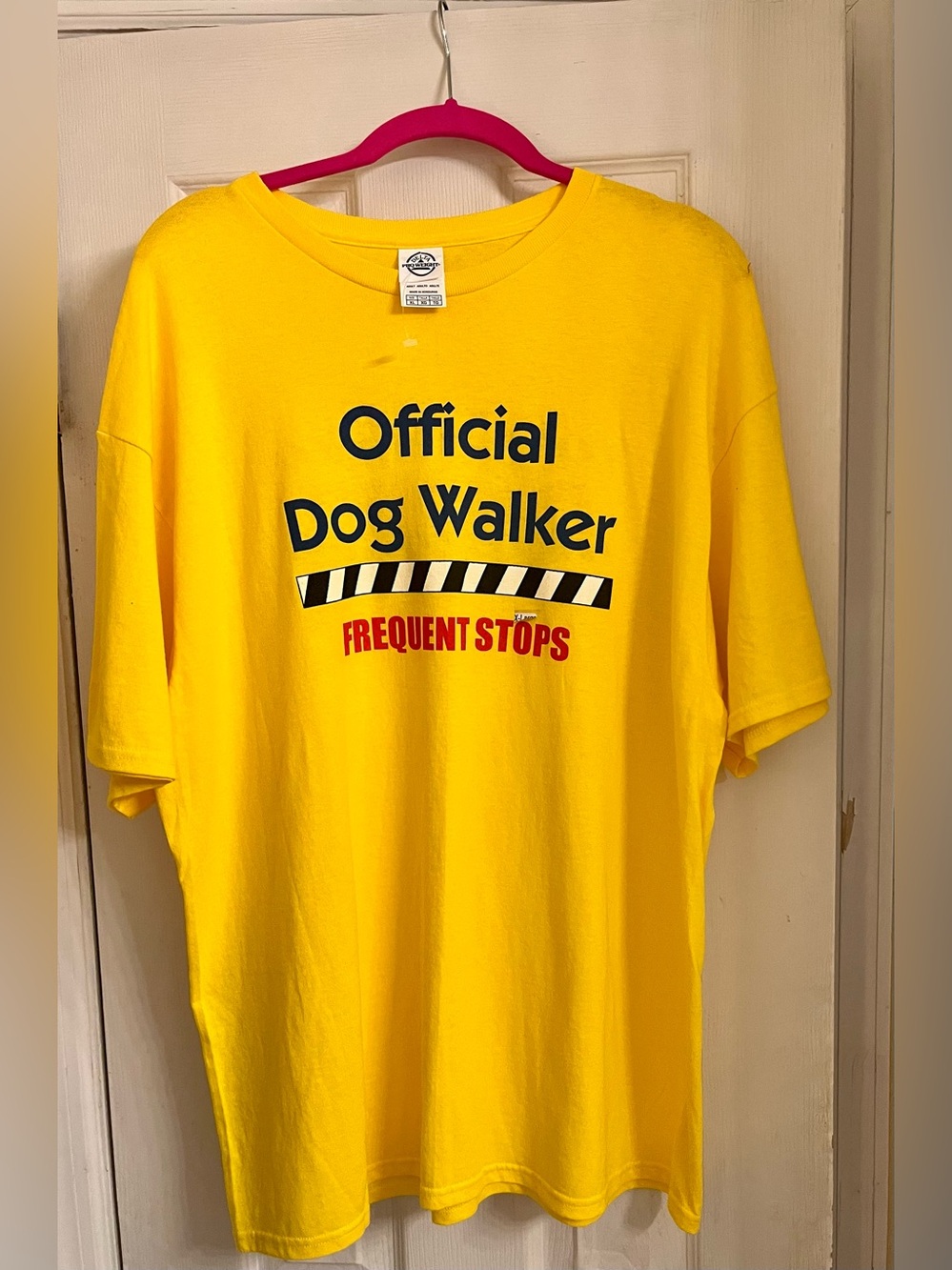 NEW WOMEN'S YELLOW "OFFICIAL DOG WALKER - MAKING FREQUENT STOPS" T-SHIRT (LARGE)